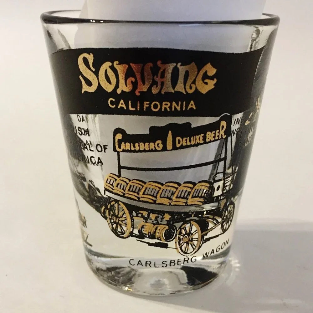 Shot Glass Solvang California Danish Town Windmill Dancers Flag Collectible Bar